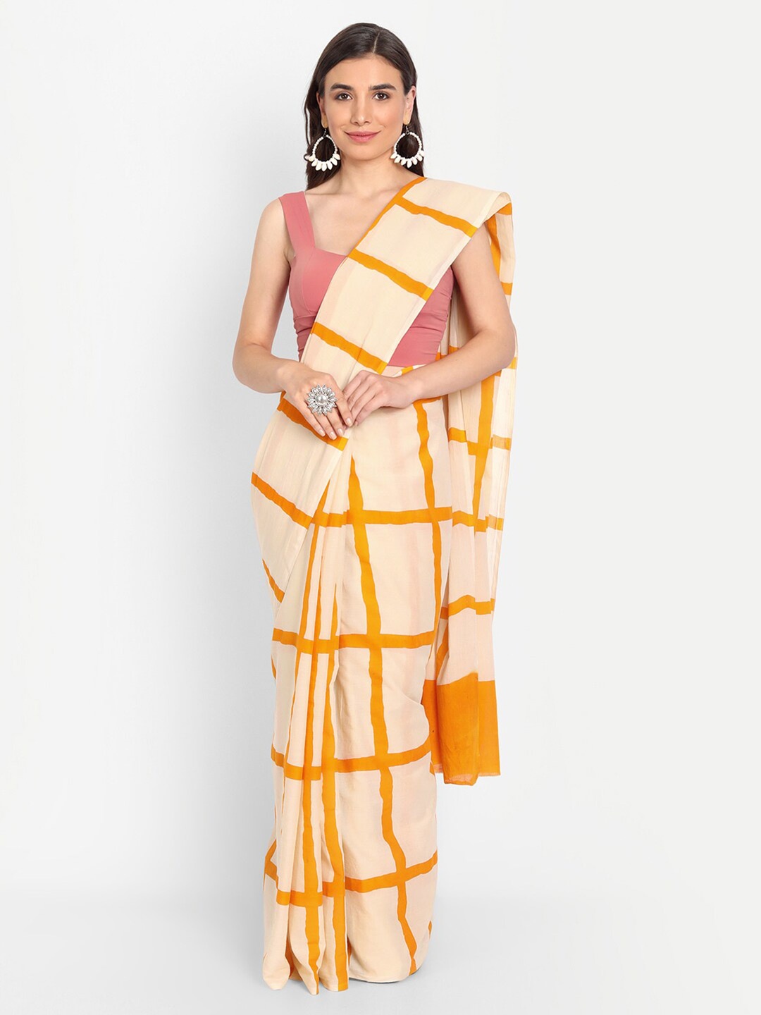 

BUTA BUTI Beige & Orange Checked Pure Cotton Saree