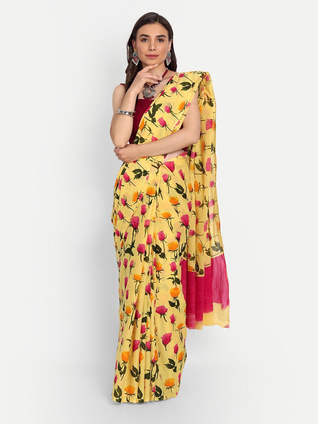 

BUTA BUTI Yellow & Pink Floral Pure Cotton Saree With Unstitched Blouse Piece