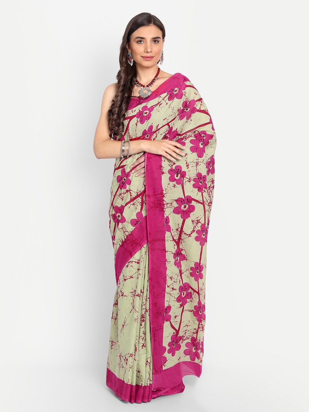 

BUTA BUTI Beige & Pink Floral Pure Cotton Saree