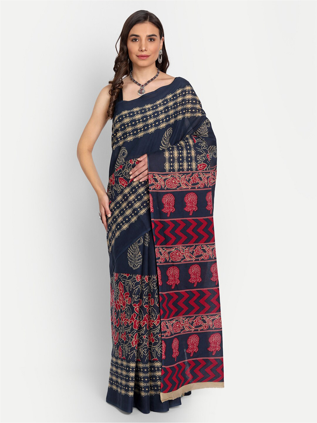 

BUTA BUTI Navy Blue & Red Buta Buti Printed Pure Cotton Saree