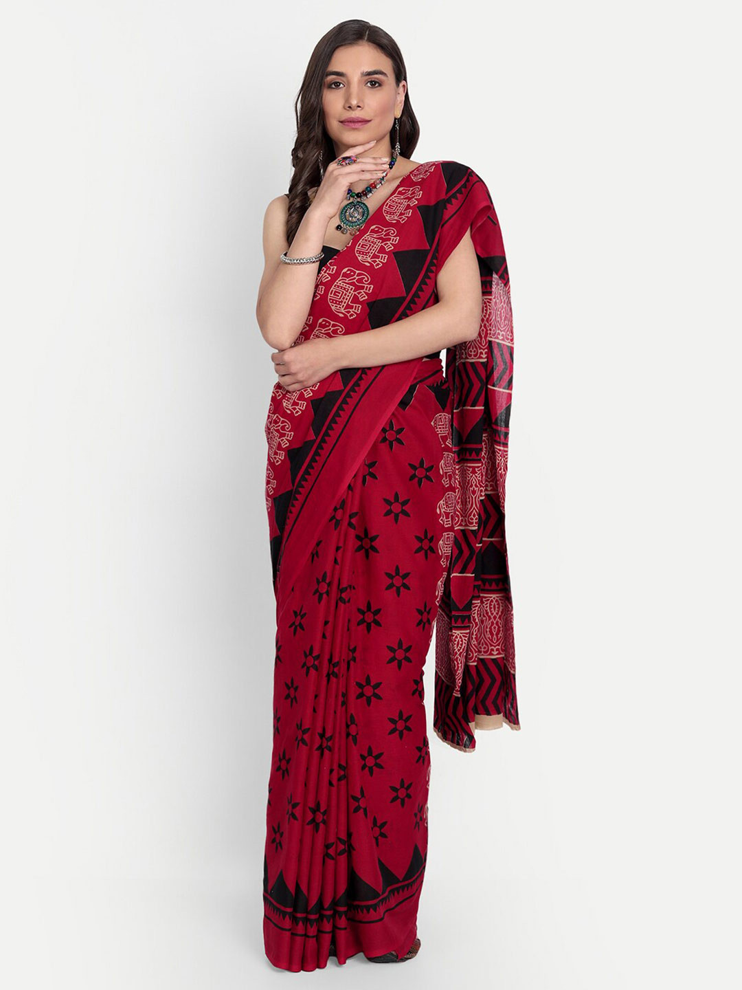 

BUTA BUTI Red & Black Buta Buti Printed Pure Cotton Saree
