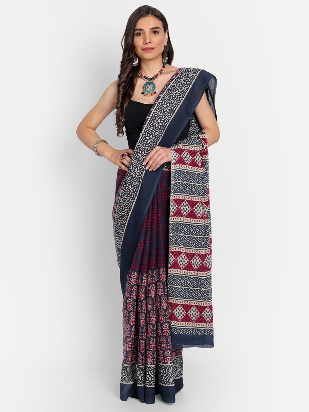 

BUTA BUTI Blue & Red Buta Buti Printed Pure Cotton Saree