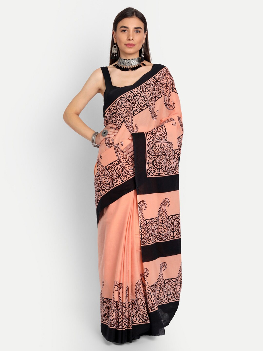 

BUTA BUTI Peach-Coloured & Black Ethnic Motifs Pure Cotton Saree