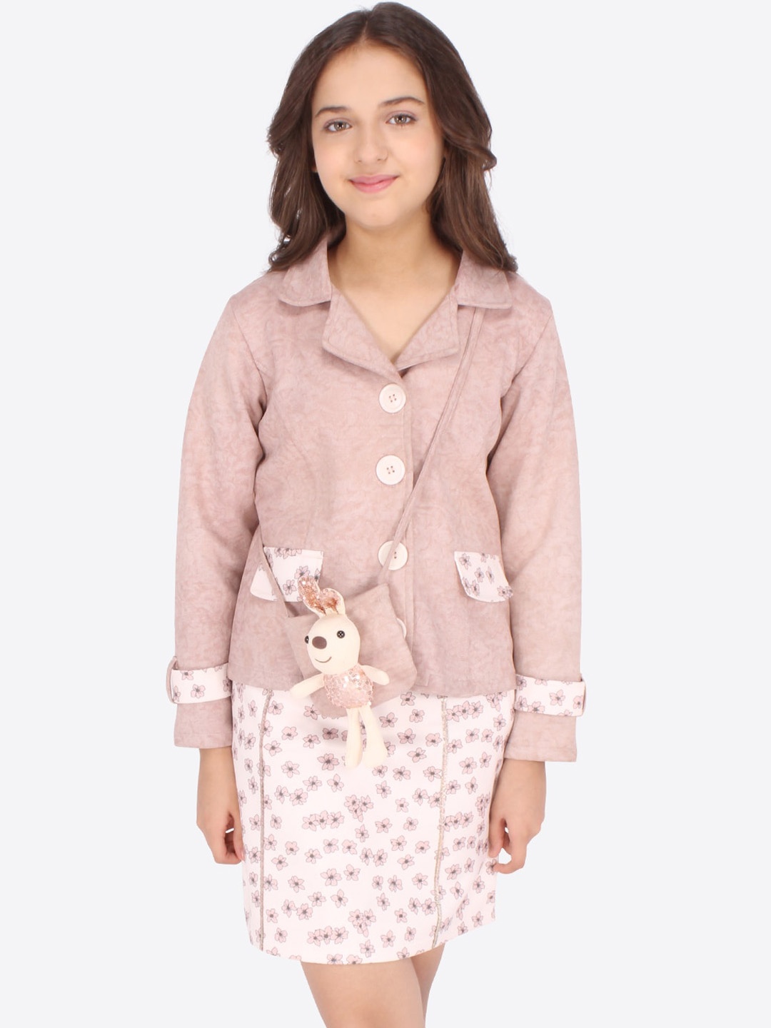 

CUTECUMBER Girls Brown & White Printed Coat With Knee-Length Skirt