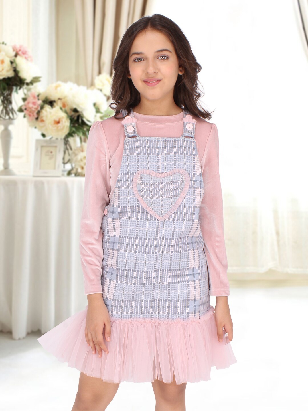 

CUTECUMBER Girls Pink & Blue Velvet Pinafore Dress