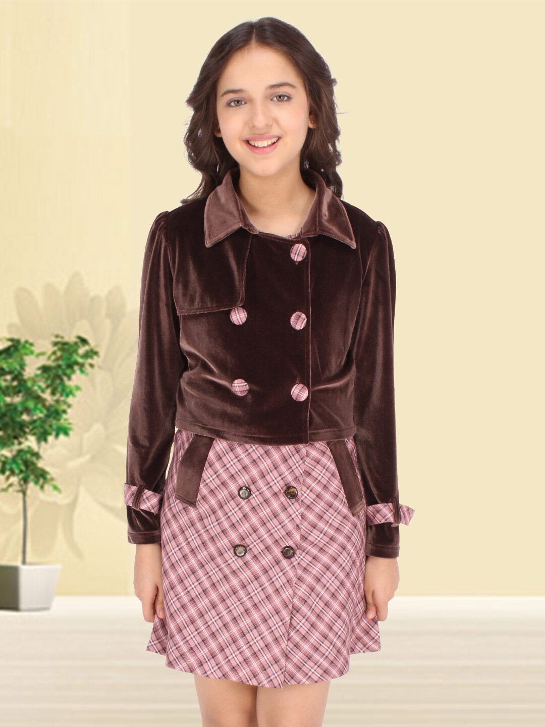 

CUTECUMBER Girls Brown Checked Velvet A-Line Dress