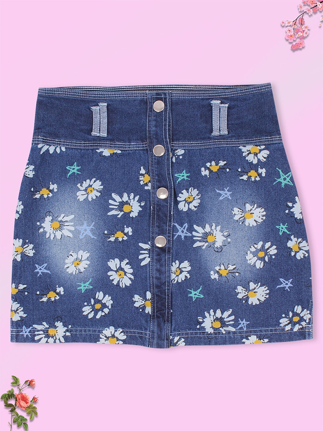 

CUTECUMBER Girls Blue Printed Mini Denim Skirt