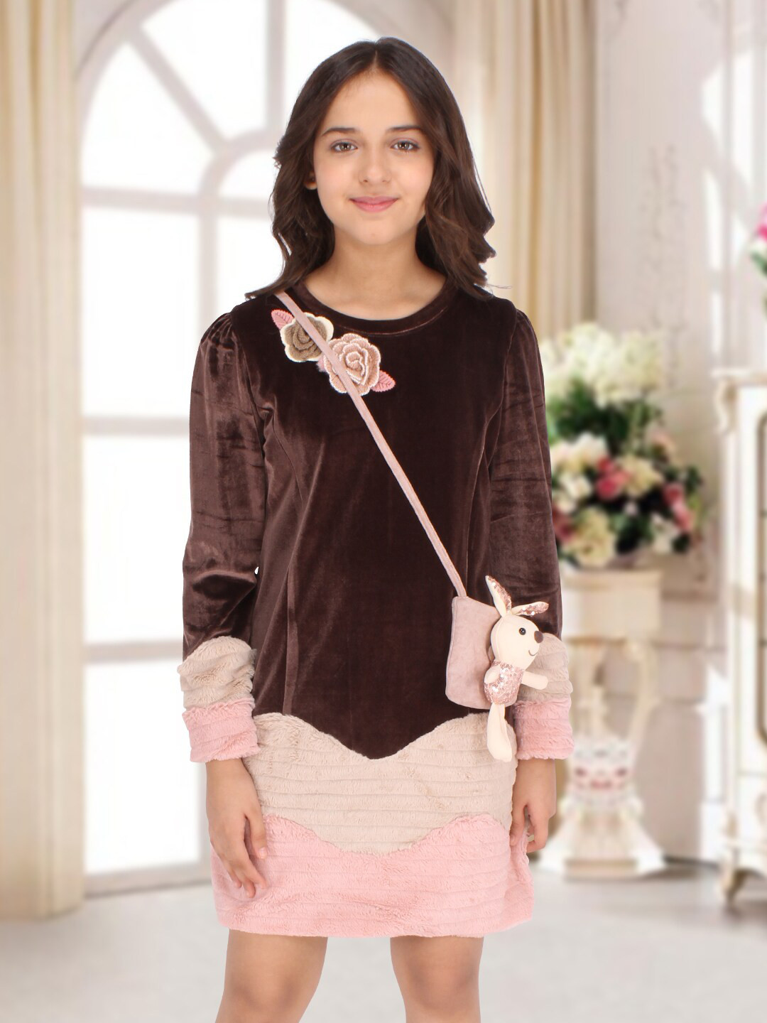

CUTECUMBER Girls Brown & Pink Colourblocked Velvet Sheath Dress