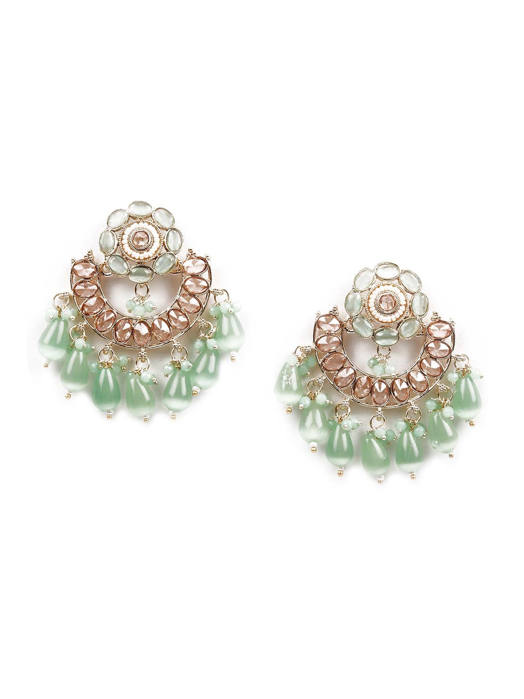 

ODETTE Sea Green & Gold-Toned Pearl And Kundan Studded Chandbalis Earrings