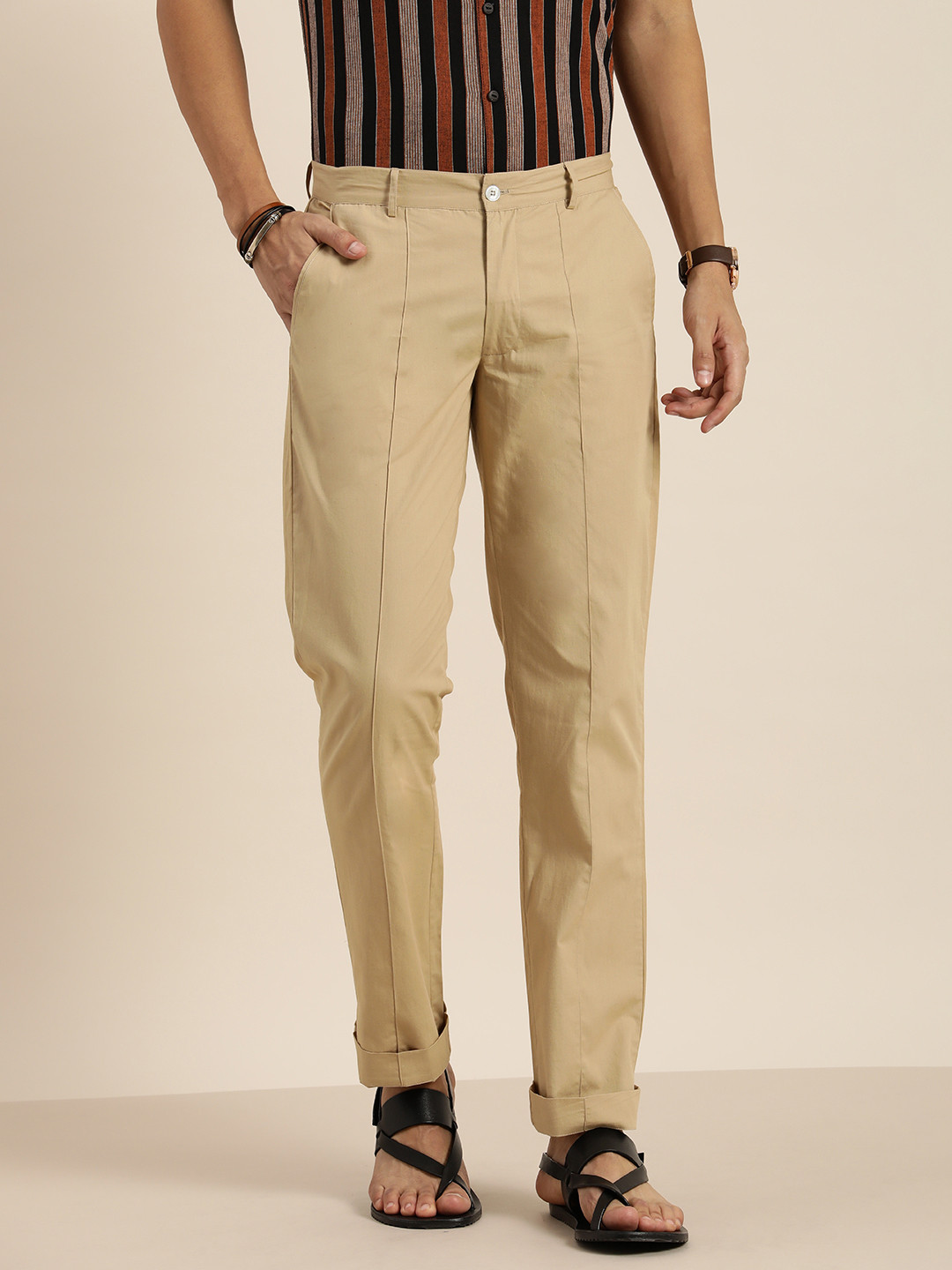

Taavi Men Beige Pure Cotton Straight Fit Trousers