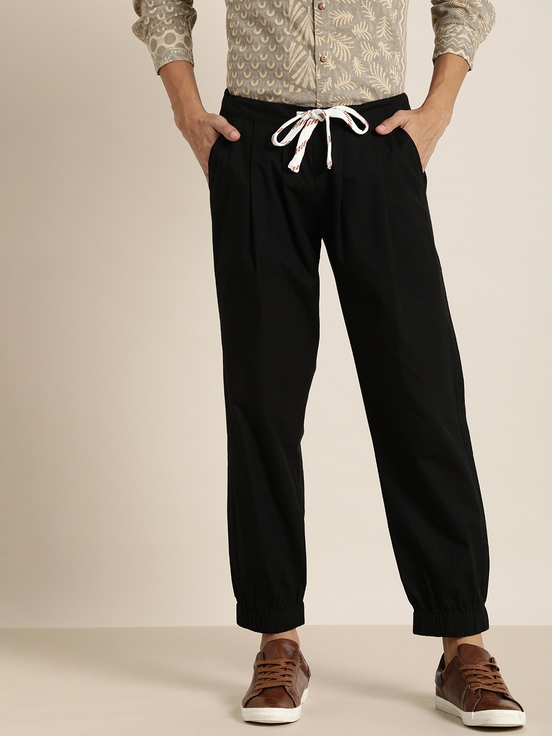 

Taavi Men Black Pure Cotton Straight Fit Trousers with Drawcord Tie Up