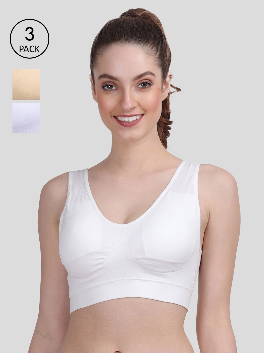 

Amour Secret Pack of 3 White & Nude-Coloured Lightly Padded Sports Bra S8808_Crm_Skn_Wht