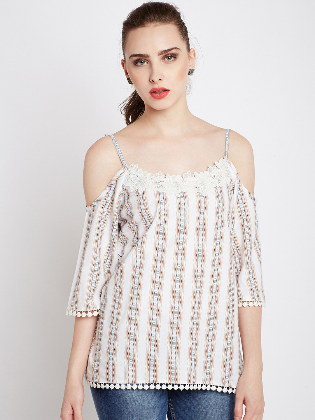 

RARE Women White Striped Cold-Shoulder Pure Cotton Top