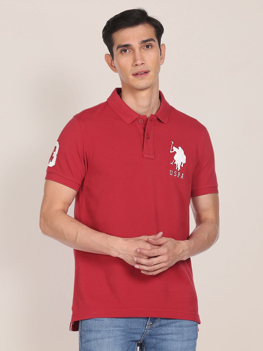 

U S Polo Assn Men Red Polo Collar Pure Cotton Slim Fit T-shirt