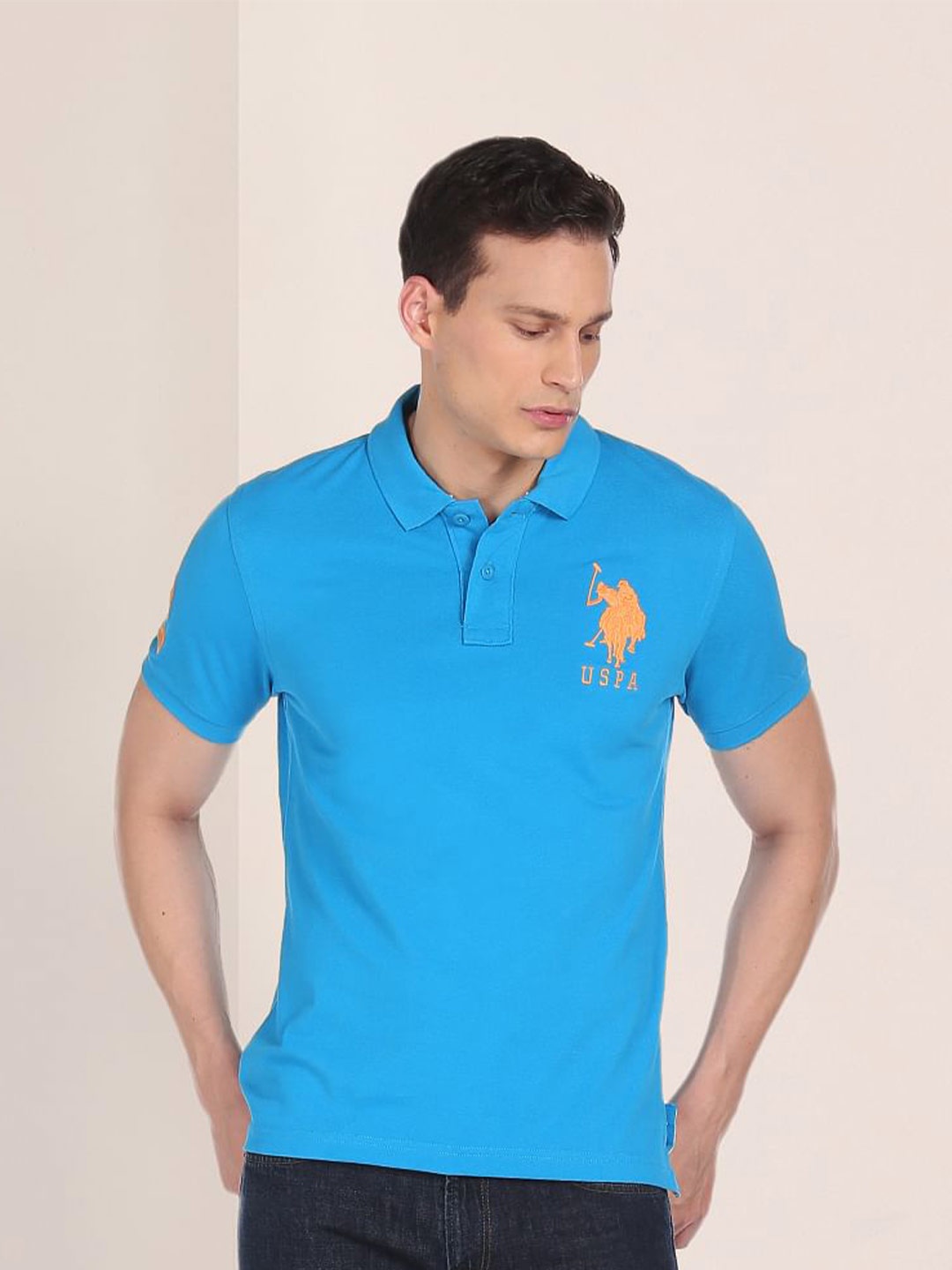 

U S Polo Assn Men Blue Polo Collar Pure Cotton Slim Fit T-shirt