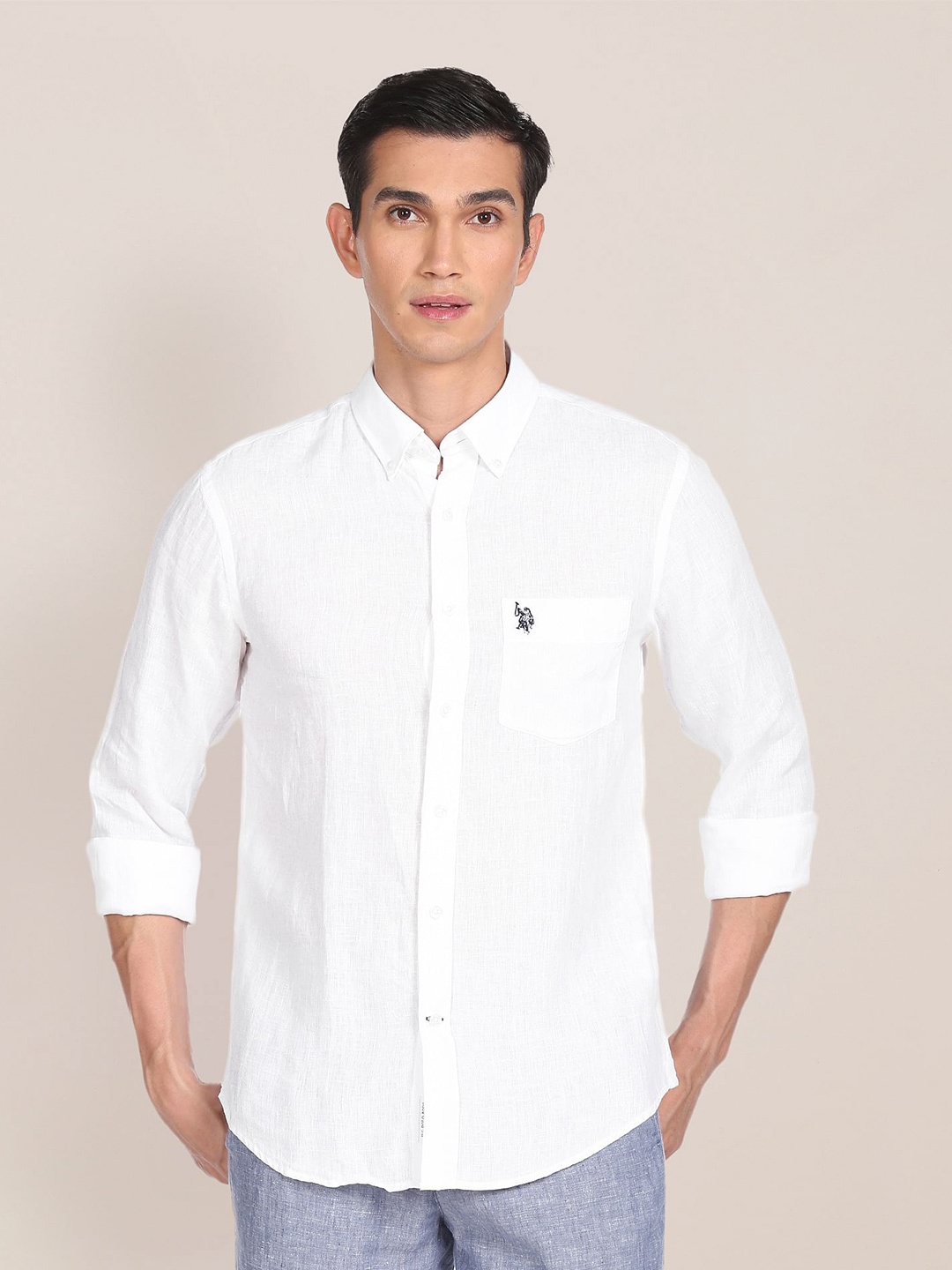 

U S Polo Assn Men White Solid Tailored Fit Linen Casual Shirt