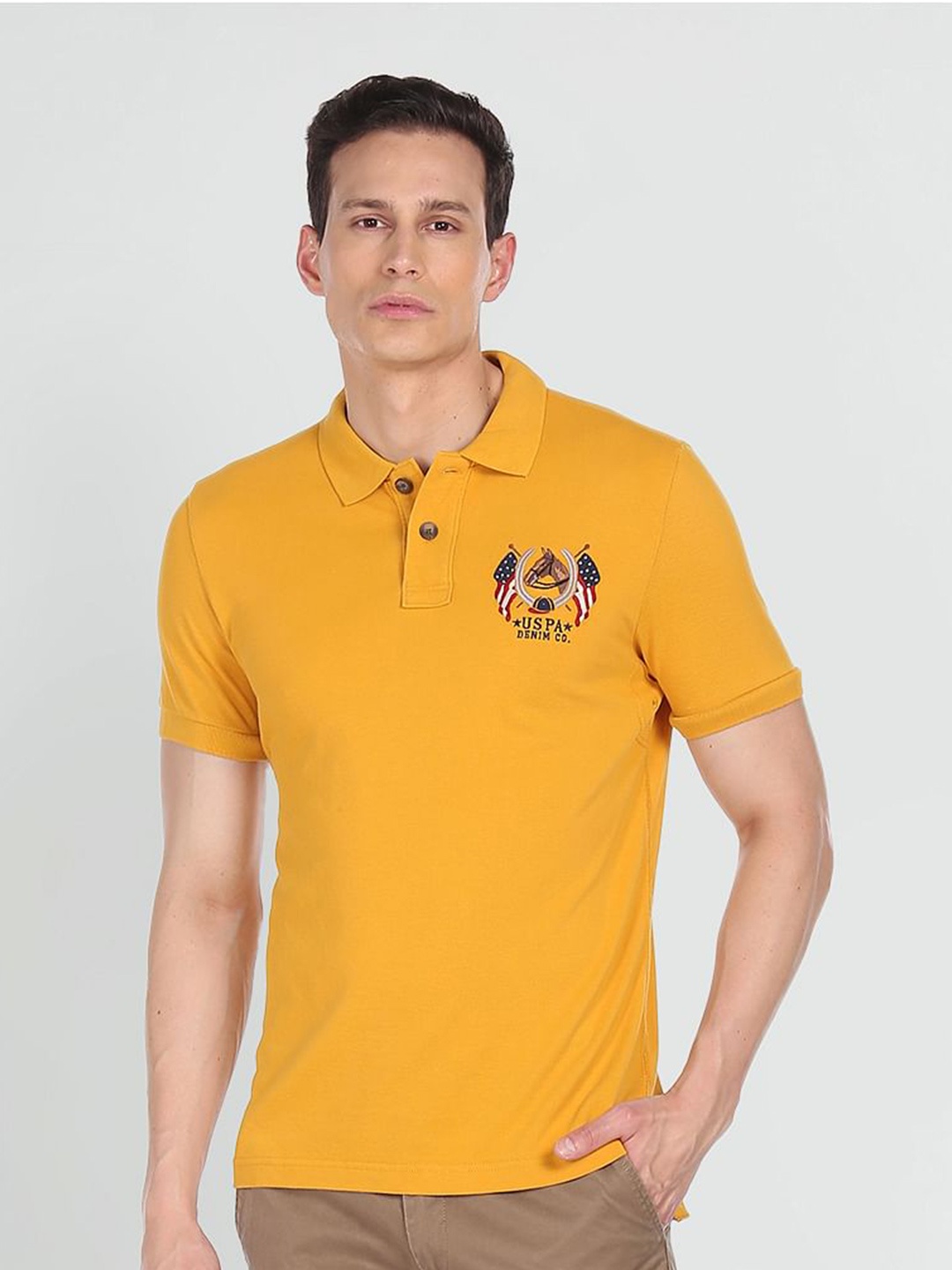 

U S Polo Assn Denim Co Men Mustard Yellow Pure Cotton Brand Logo Printed T-shirt