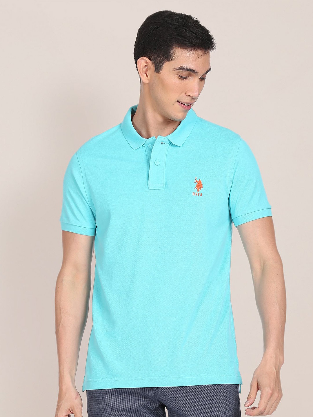 

U S Polo Assn Men Blue Polo Collar Slim Fit Pure Cotton T-shirt