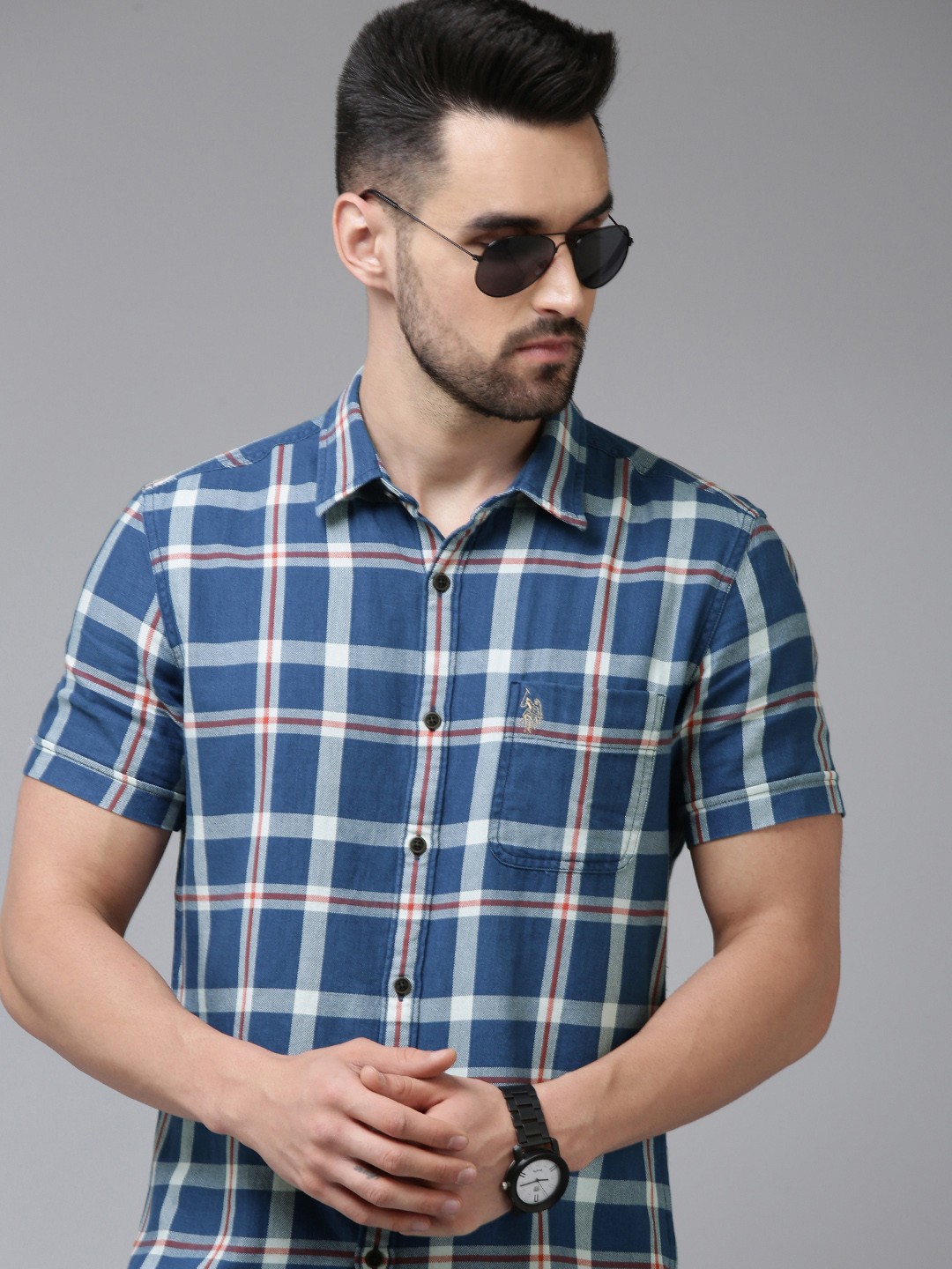 

U S Polo Assn Denim Co Men Blue & White Slim Fit Checked Pure Cotton Casual Shirt