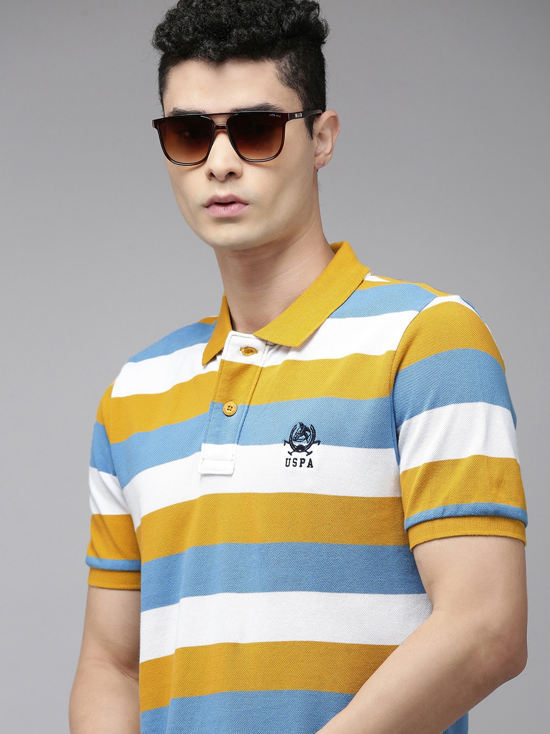 

U S Polo Assn Men Mustard Yellow & Blue Striped Polo Collar Pure Cotton Slim Fit T-shirt