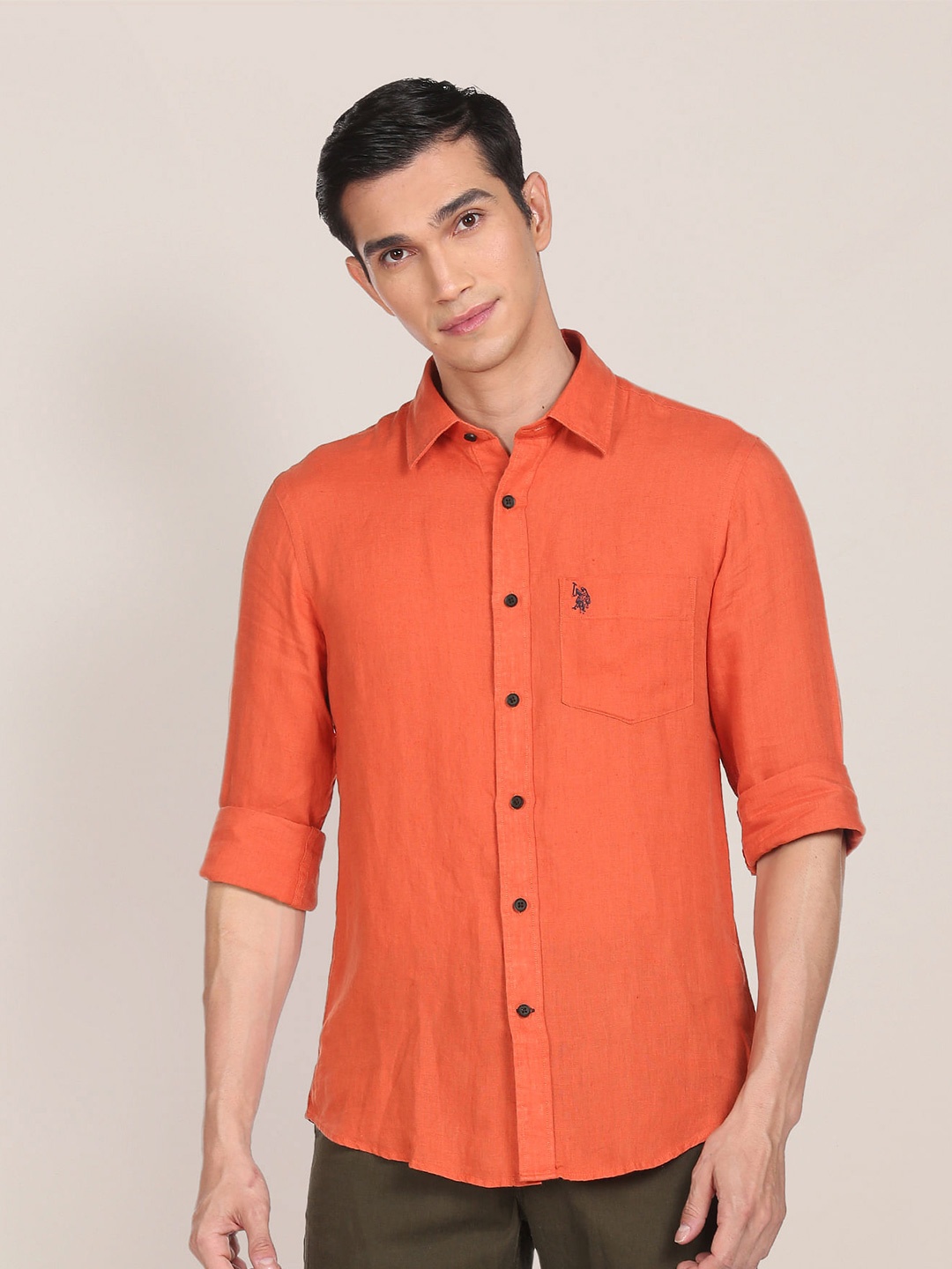 

U S Polo Assn Men Orange Solid Tailored Fit Linen Casual Shirt