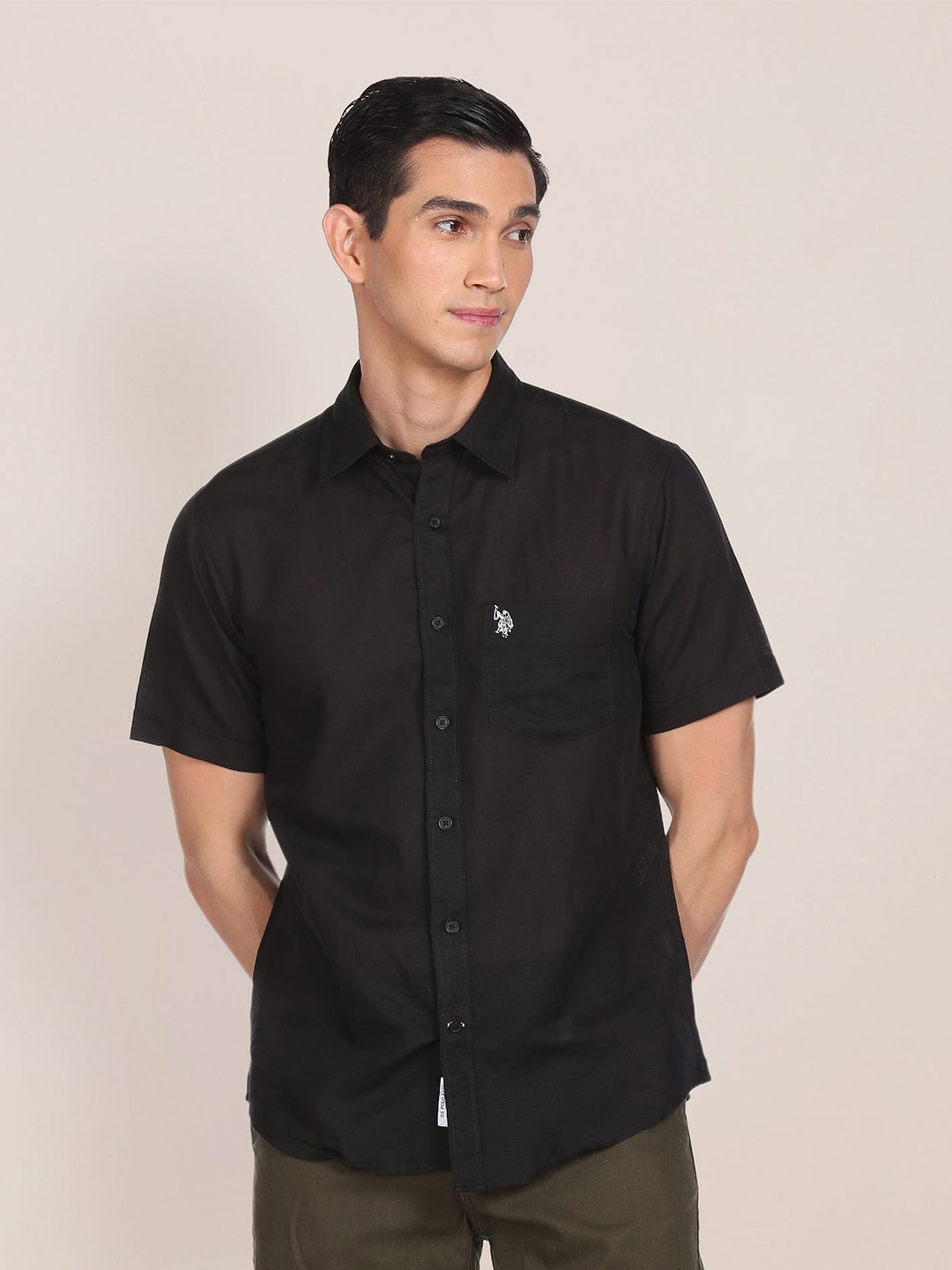 

U S Polo Assn Men Black Embroidered Tailored Fit Cotton Linen Casual Shirt