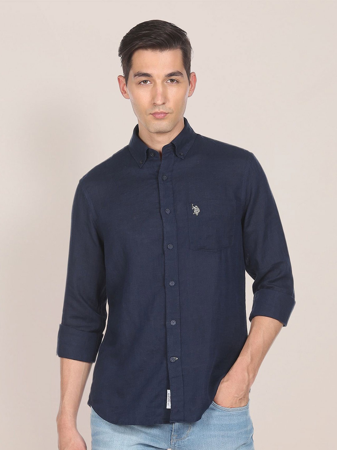 

U.S. Polo Assn. Men Navy Blue Tailored Fit Solid Opaque Pure Linen Casual Shirt
