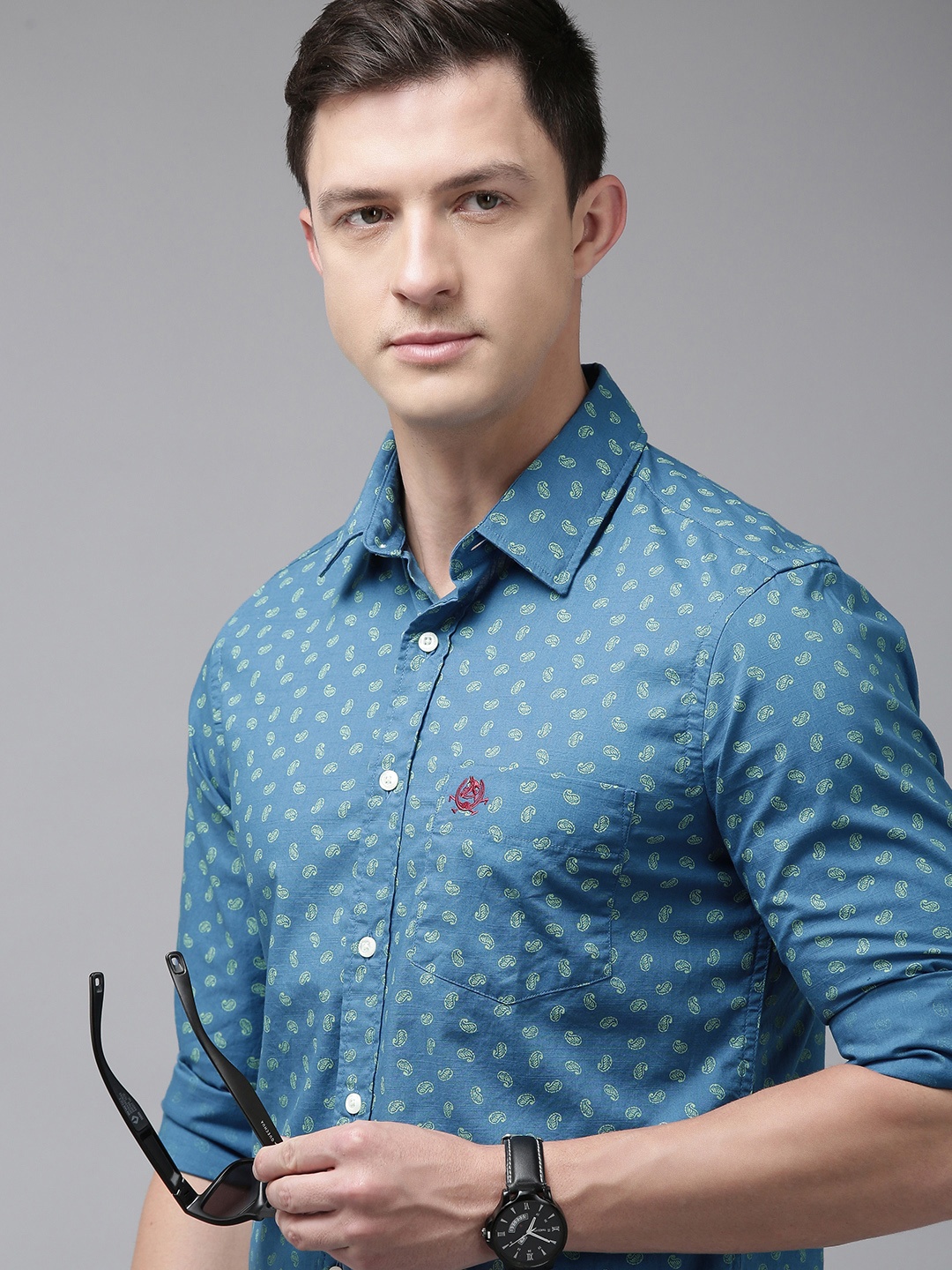 

U S Polo Assn Men Blue & Green Tailored Fit Printed Pure Cotton Casual Shirt