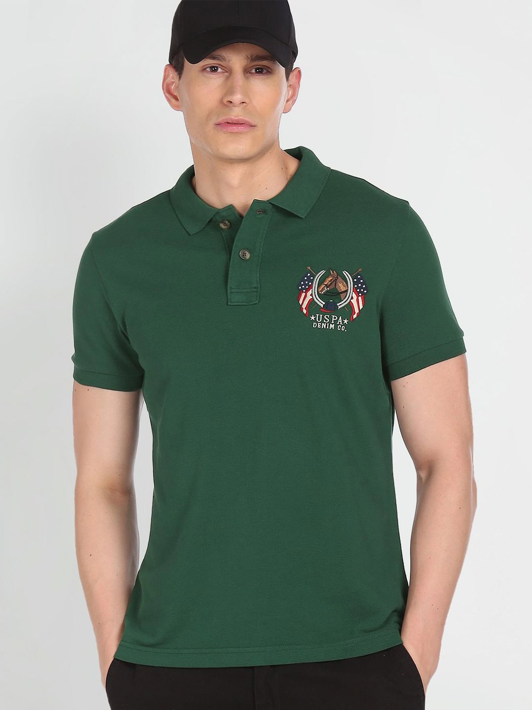 

U S Polo Assn Denim Co Men Green Pure Cotton Brand Logo Printed Polo Collar T-shirt