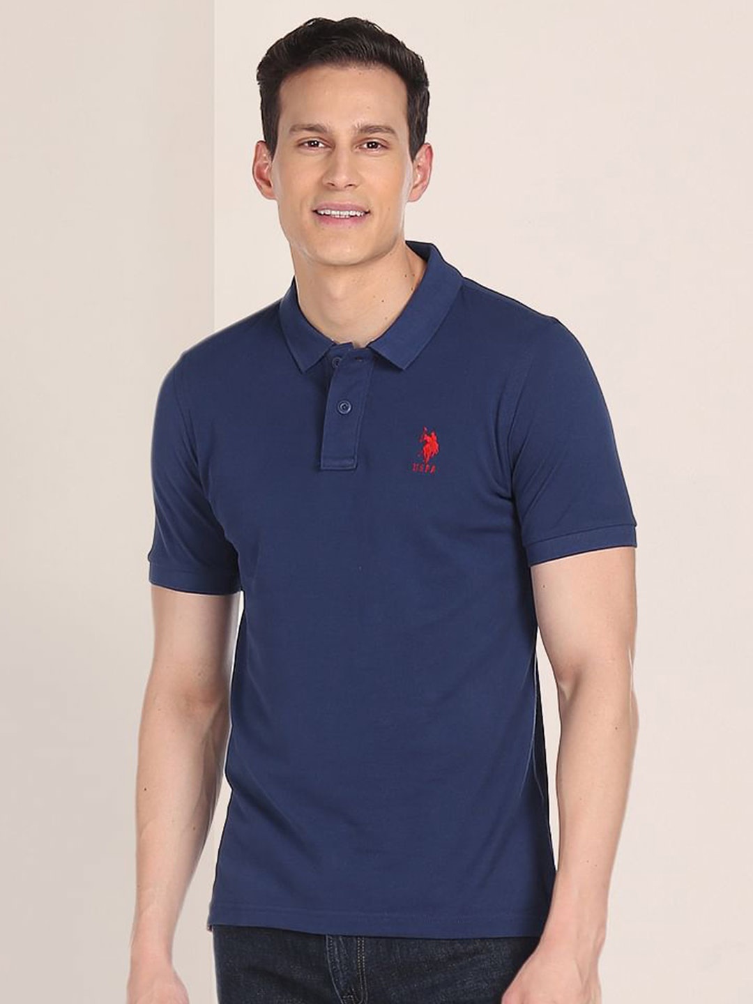 

U.S. Polo Assn. Men Blue Solid Polo Collar Pure Cotton Slim Fit T-shirt