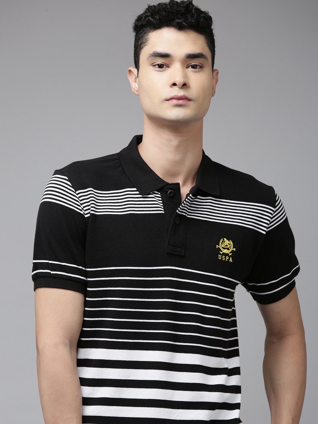 

U S Polo Assn Men Black Striped Polo Collar Slim Fit Pure Cotton T-shirt