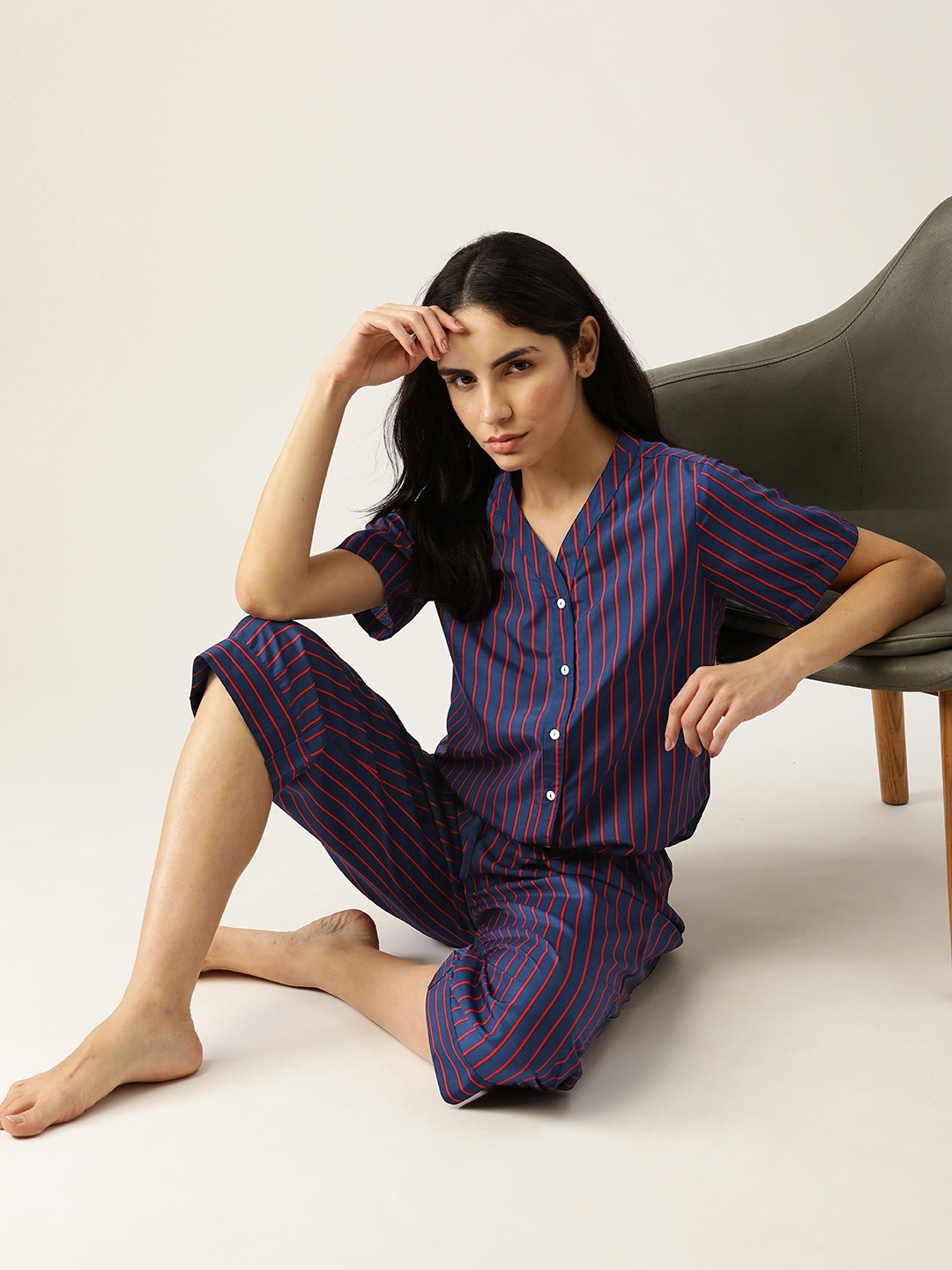 

ETC Women Navy Blue & Red Striped Night suit