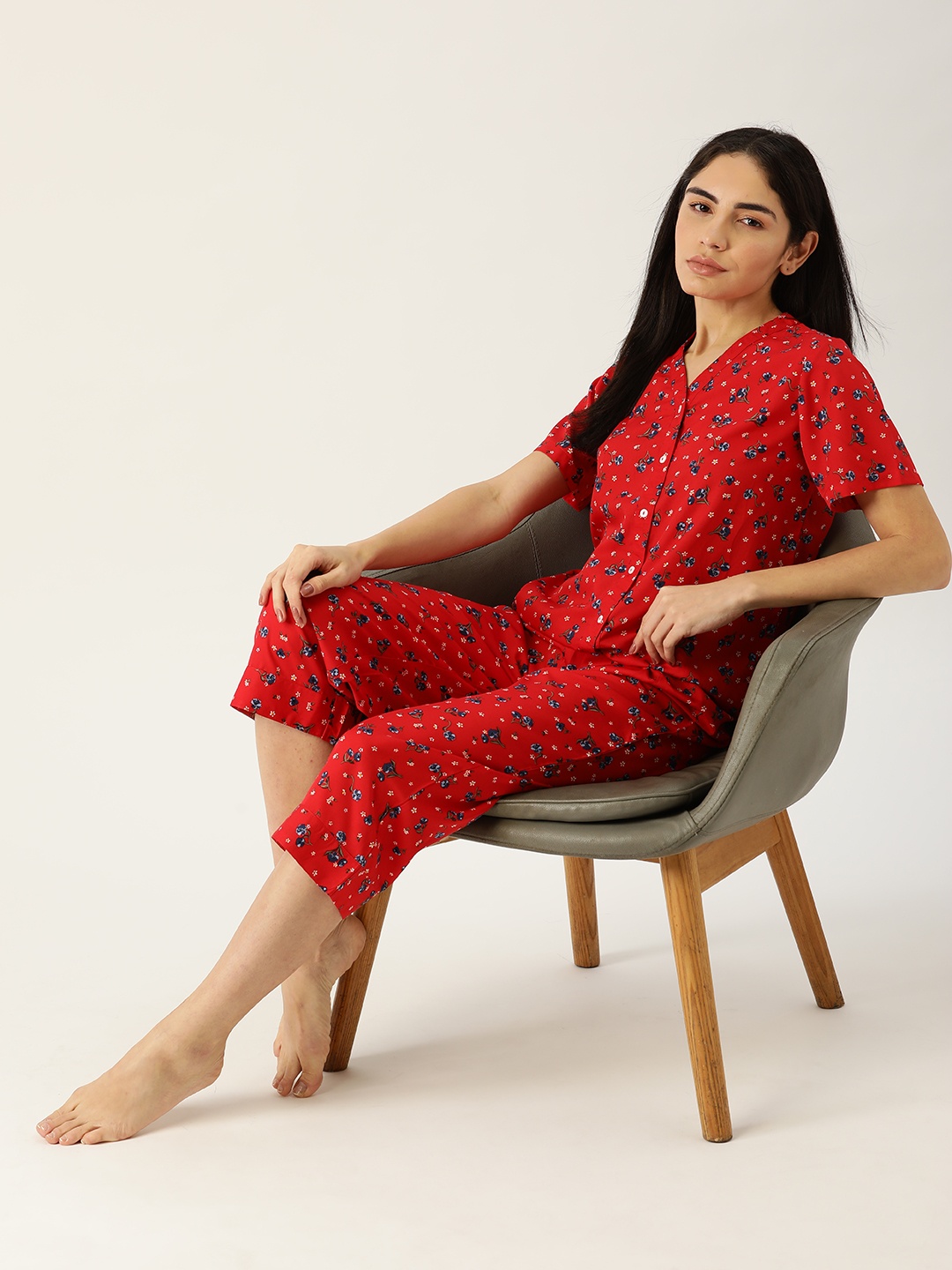 

ETC Women Red & Navy Blue Printed Night suit