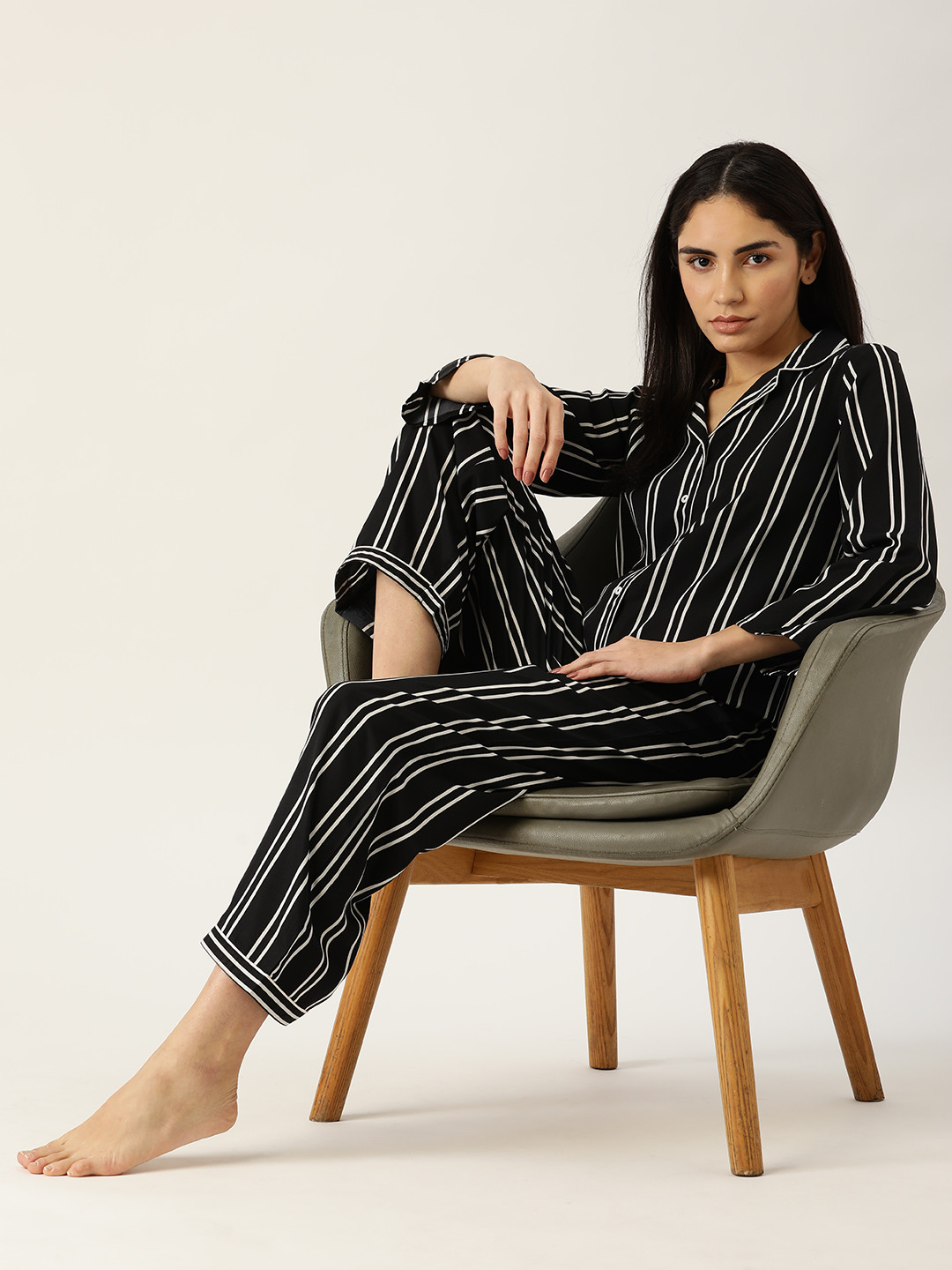 

ETC Women Black & White Striped Night suit