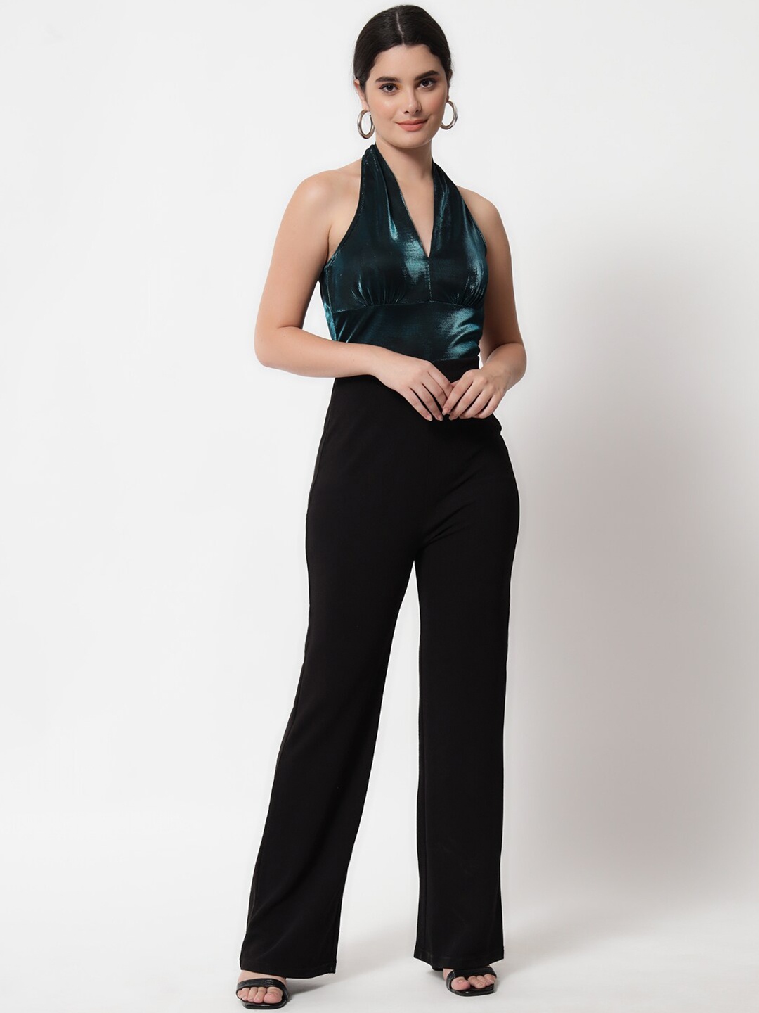 

Orchid Blues Women Teal & Black Halter Neck Basic Jumpsuit