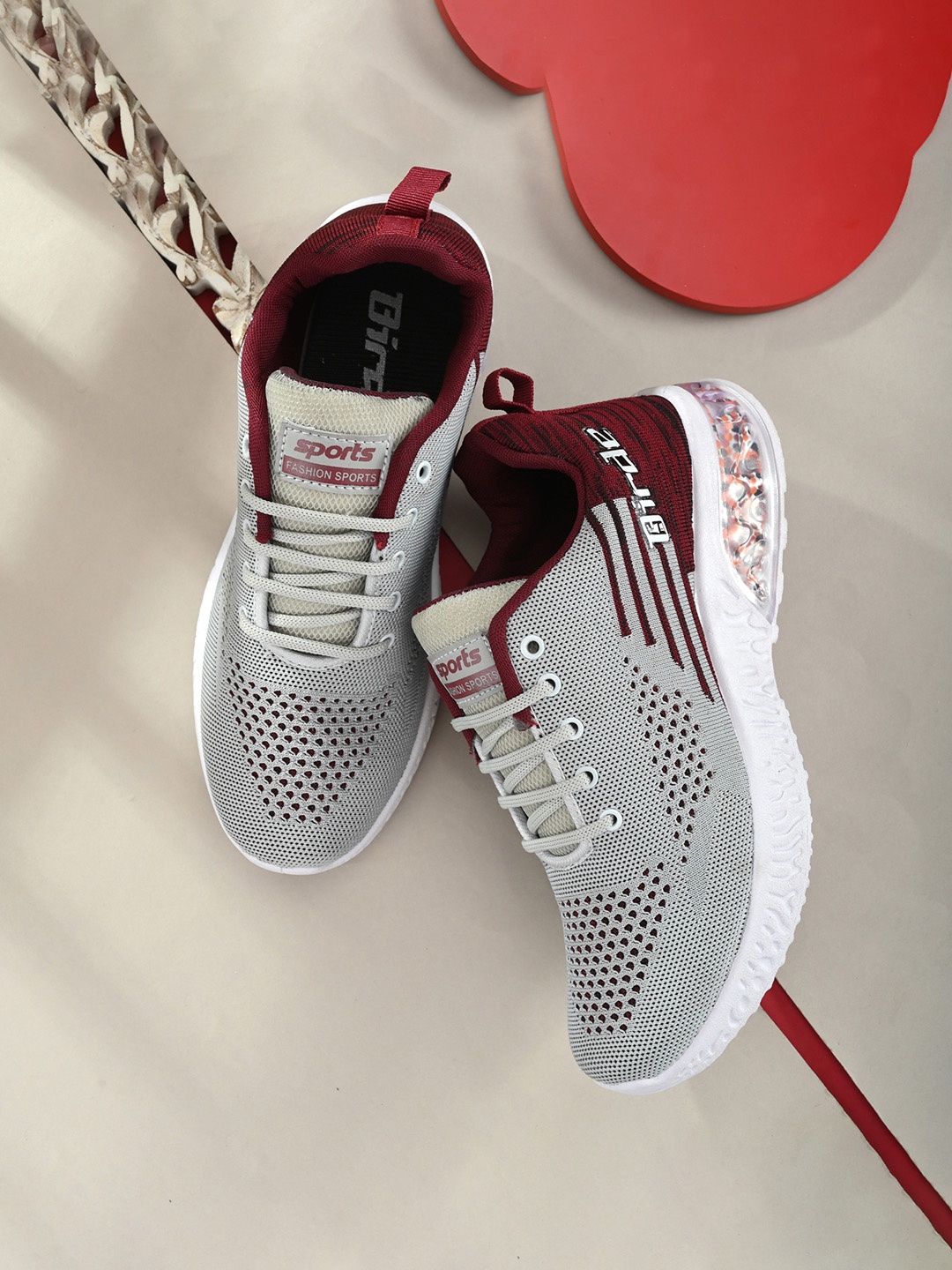 

BIRDE Men Grey And Red Woven Design Sneaker Casual Shoes