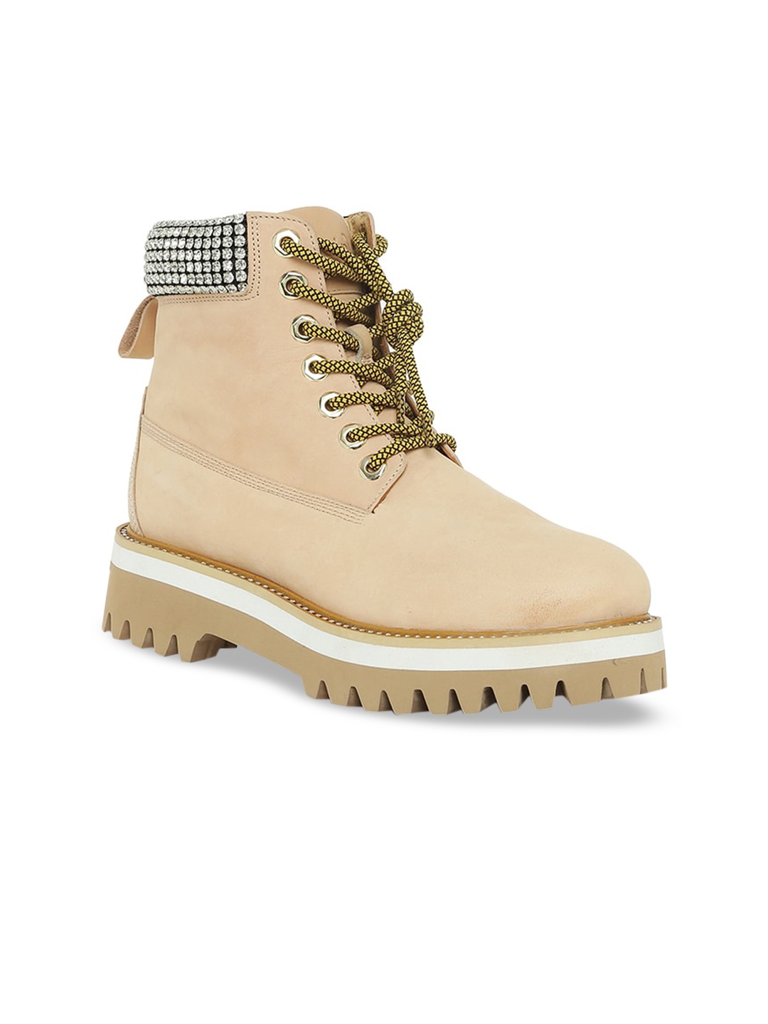 

Saint G Women Peach Embellished Leather Block Heeled Boots