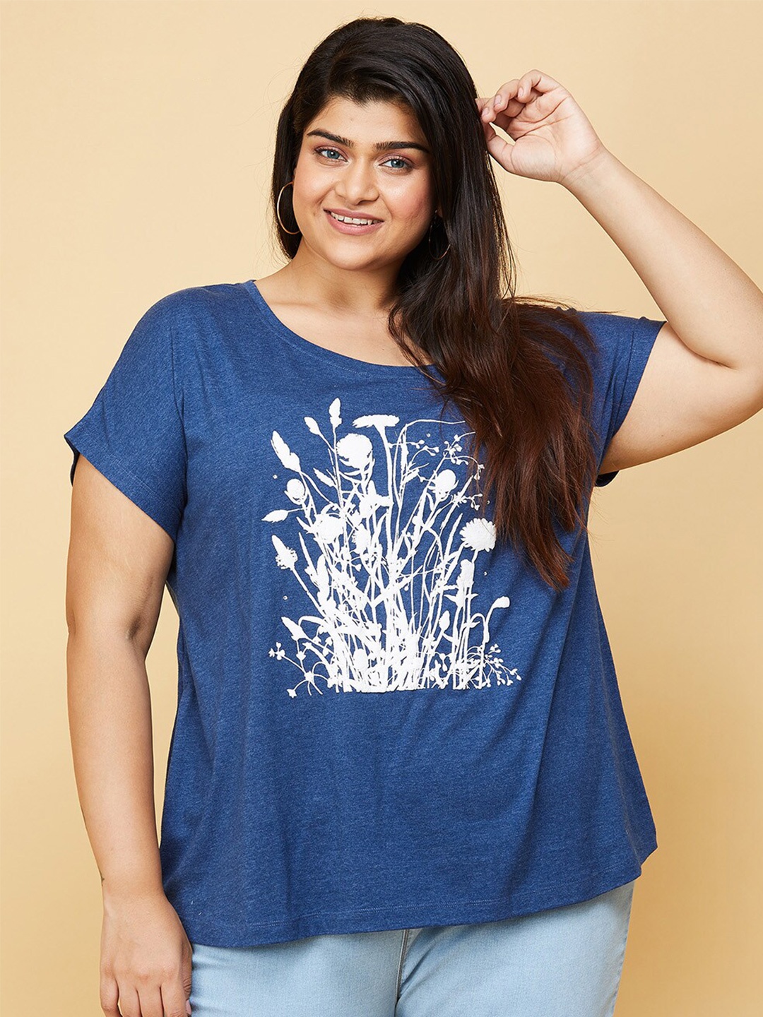 

max Plus Size Women Blue Printed Extended Sleeves T-shirt