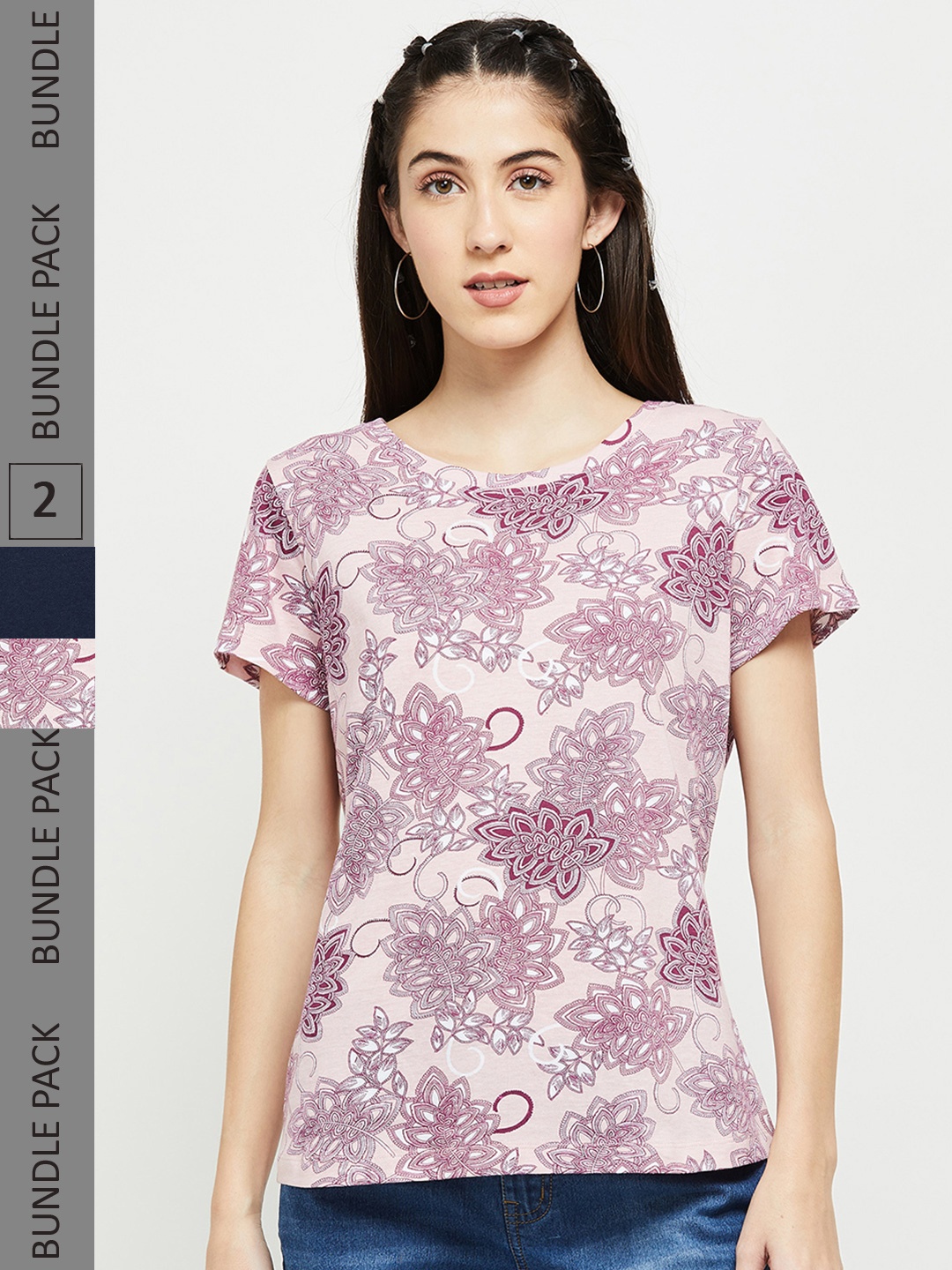 

max Women Pack Of 2 Navy Blue & Cream Printed Cotton T-shirt