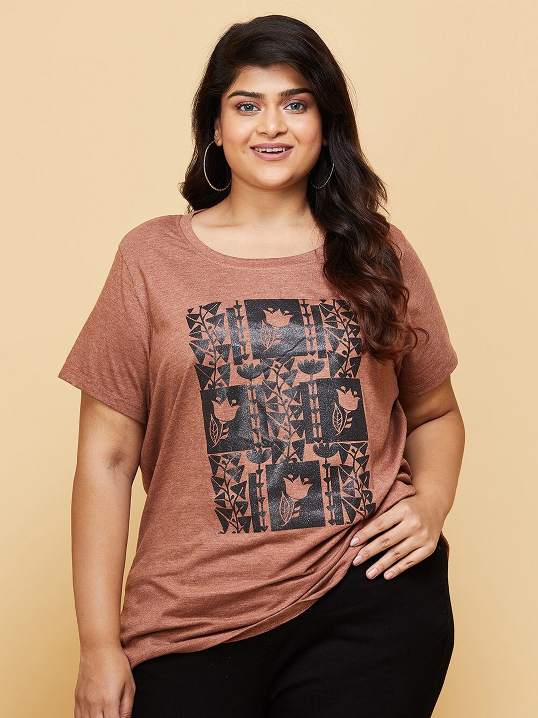 

max Plus Size Women Brown & Black Printed Pure Cotton T-shirt