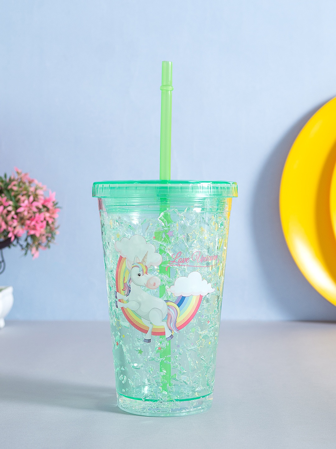 

Golden Peacock Green Printed Sipper Bottle With Straw 500 ml