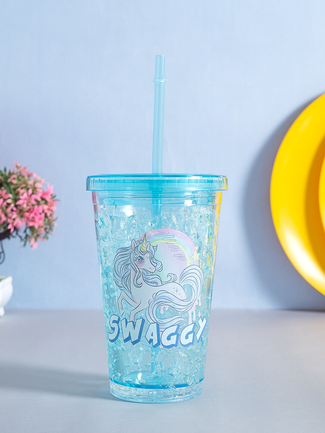 

Golden Peacock Blue Printed Sipper Bottle With Straw 500 ml