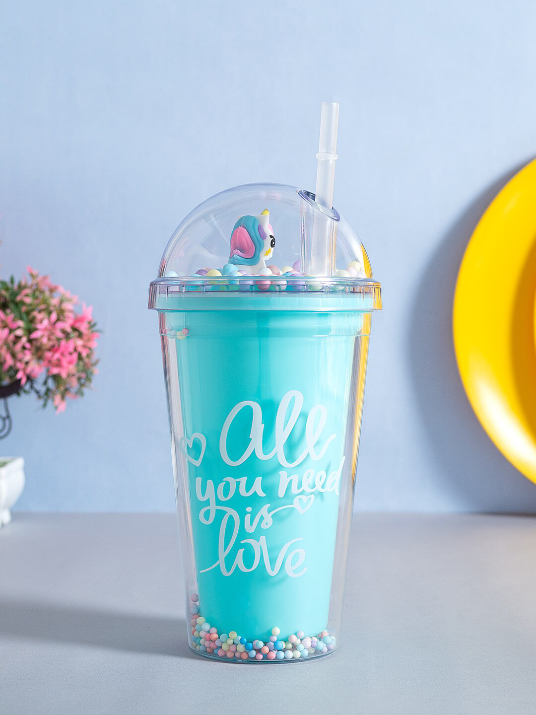 

Golden Peacock Blue Printed Sipper Bottle With Straw 500 ml