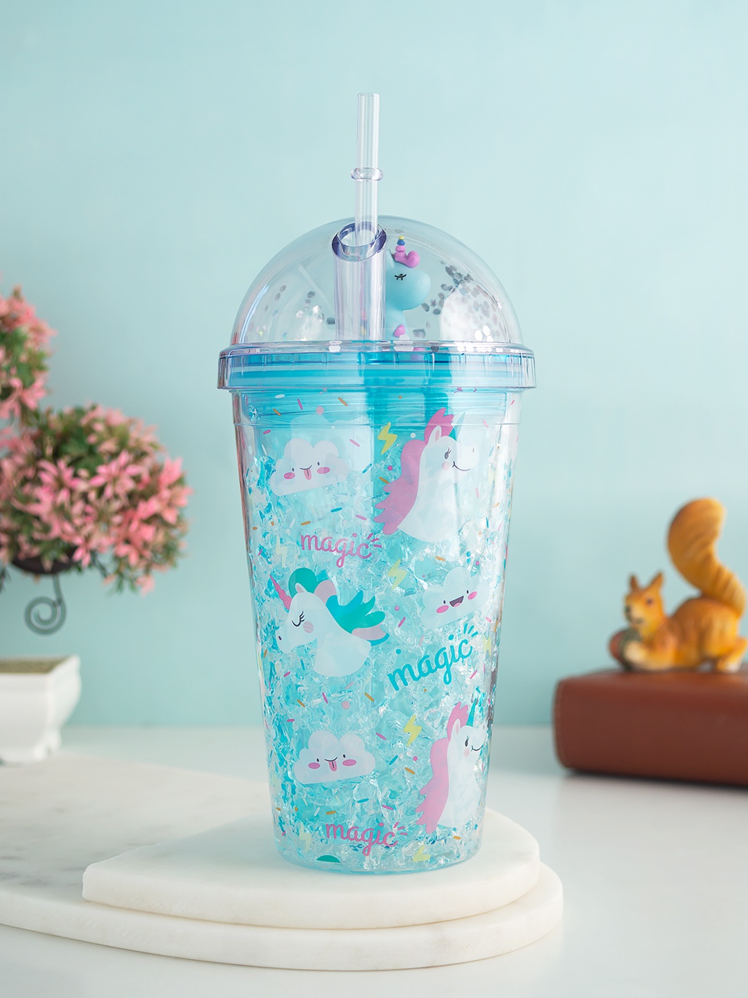 

Golden Peacock Blue Printed Sipper Bottle With Straw 500 ml