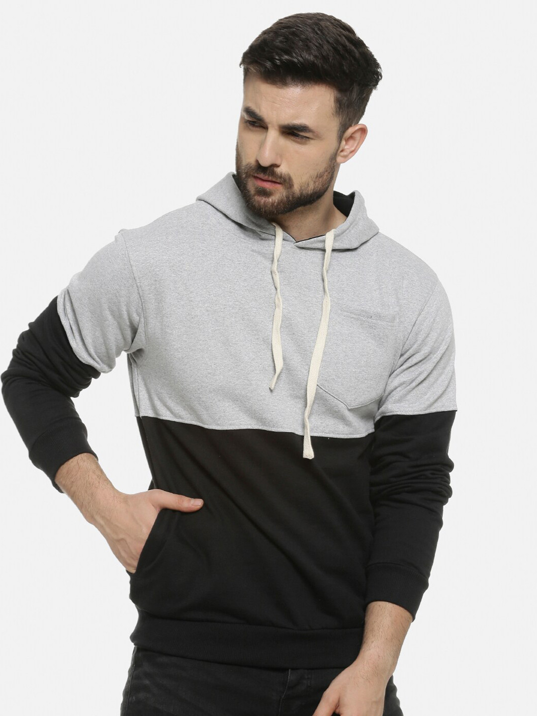 

Campus Sutra Men Black & Grey Colourblocked Hooded Sweatshirt