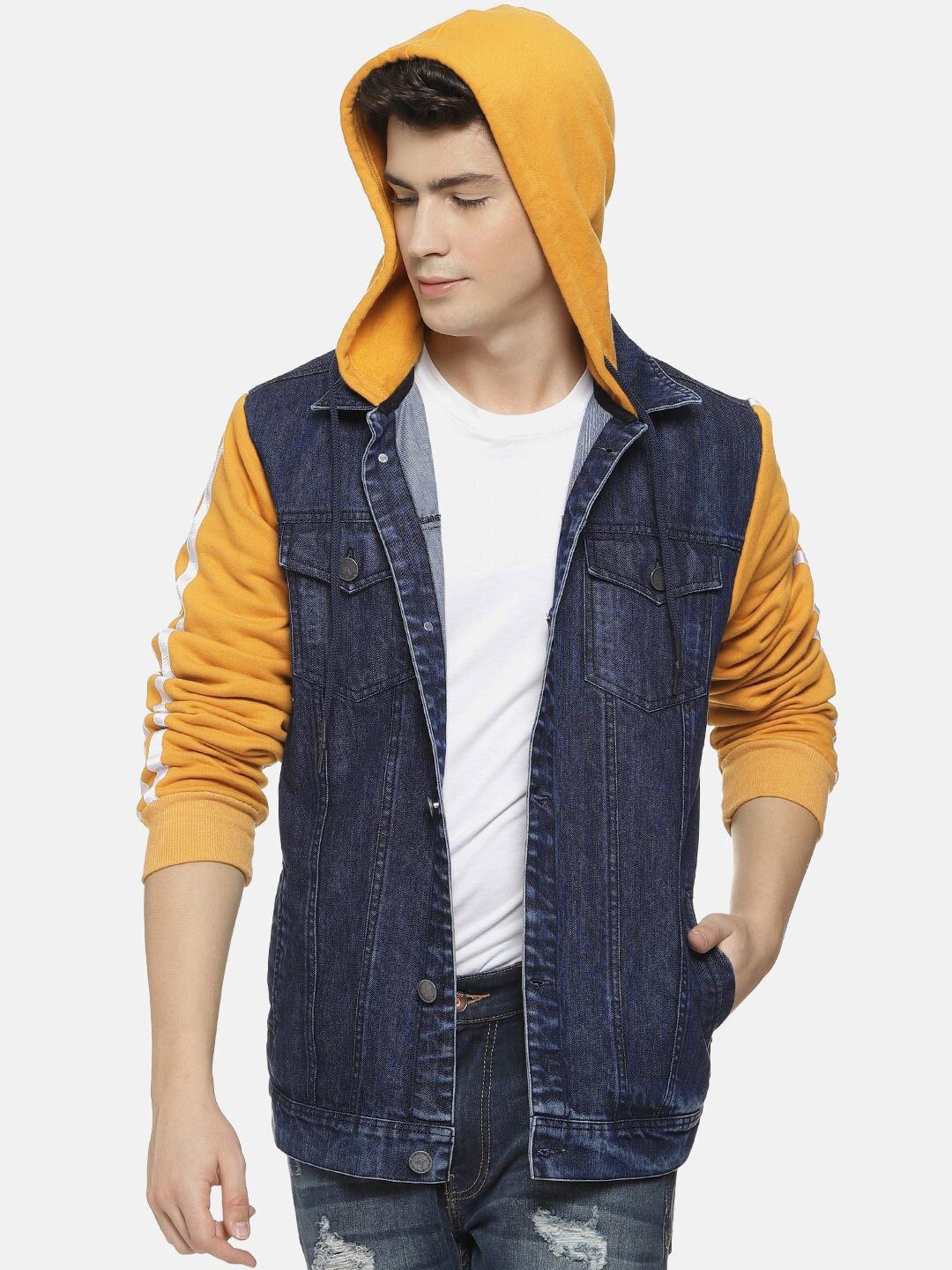 

Campus Sutra Men Blue Yellow Hooded Cotton Denim Jacket