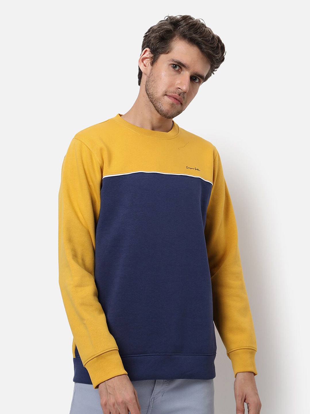 

Campus Sutra Men Yellow & Blue Colourblocked Pullover