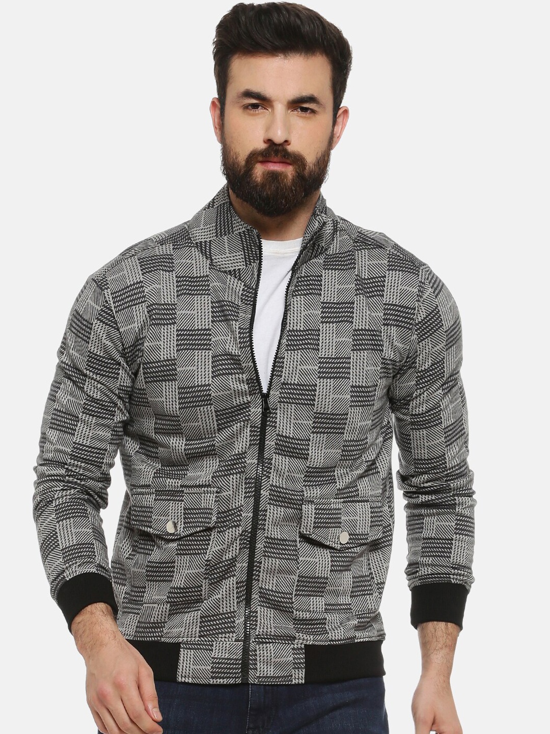 

Campus Sutra Men Grey Black Checked Cotton Open Front Jacket