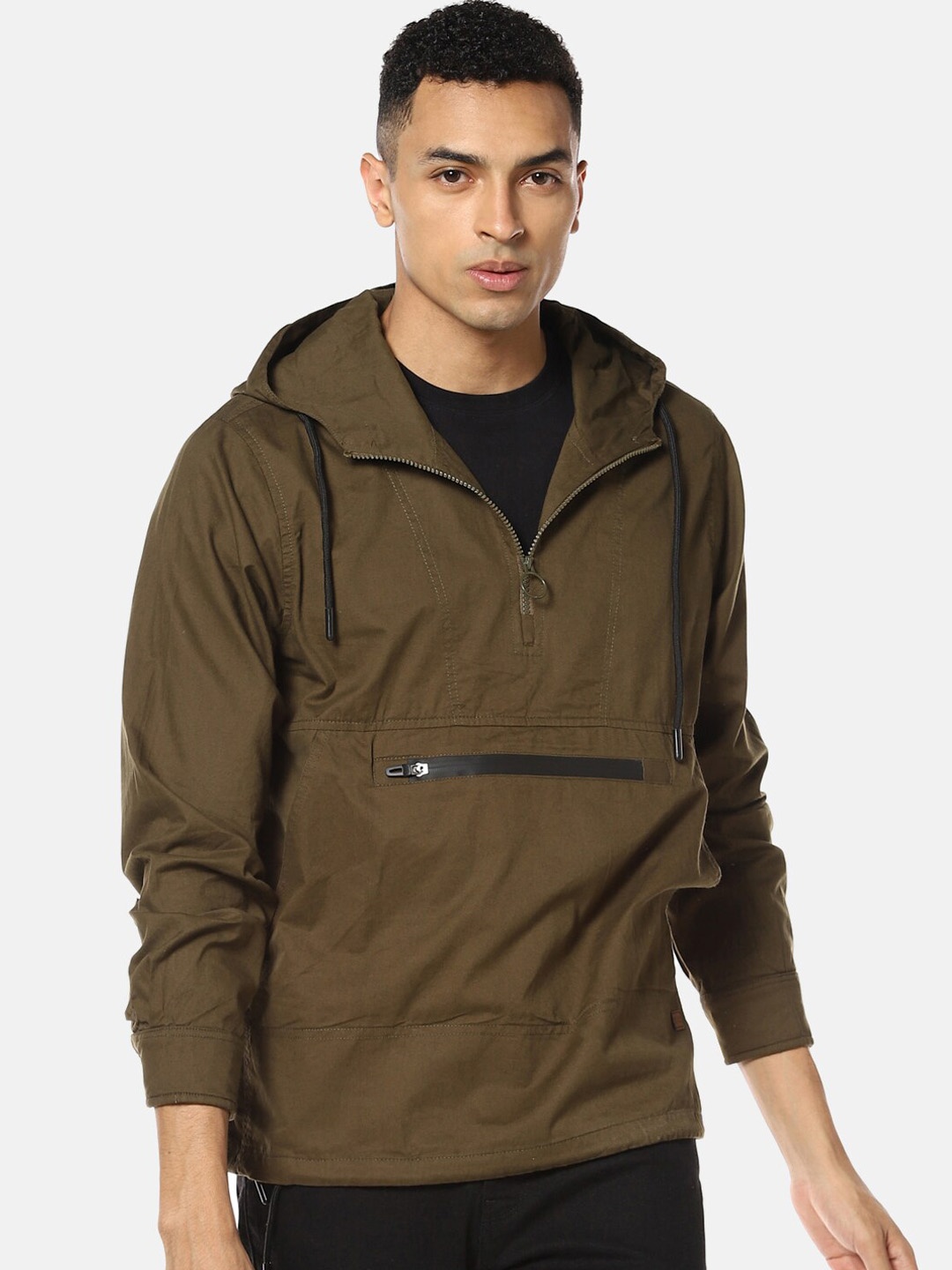 

Campus Sutra Men Olive Green Outdoor Tailored Hooded Jacket