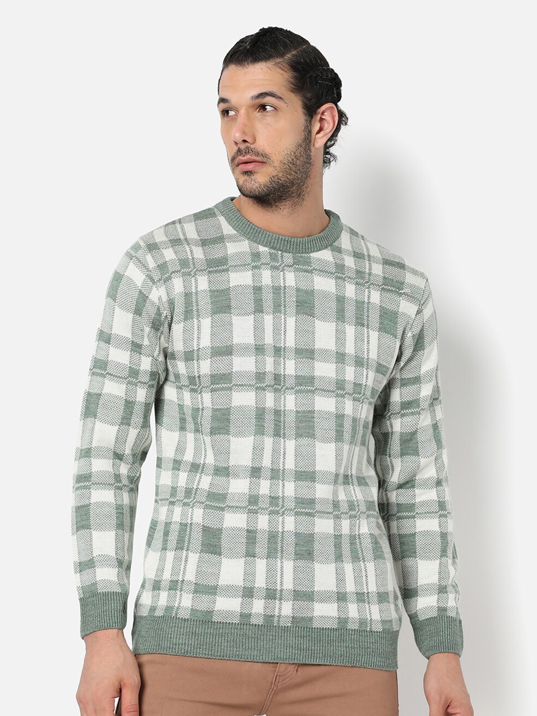 

Campus Sutra Men's Sage Green Checked Textured Regular Fit Sweater For Winter Wear